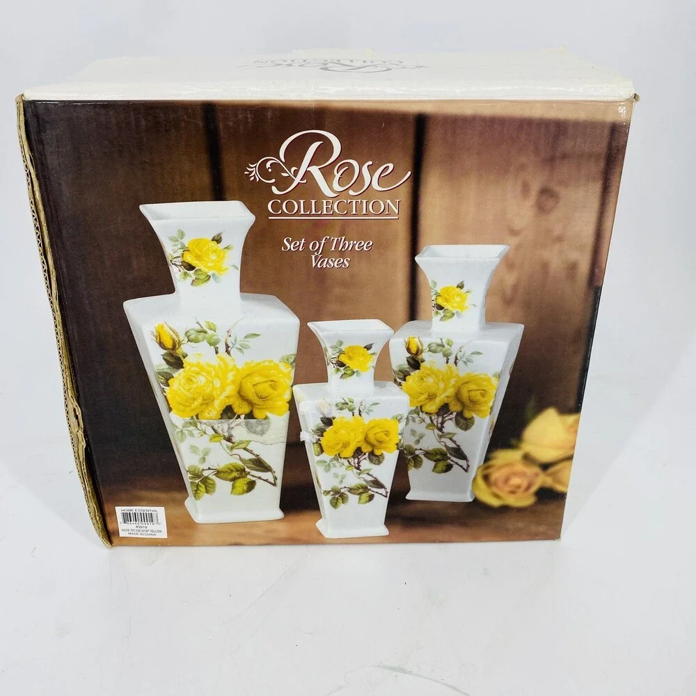 Vintage Godinger 3 Pc Vase Set Yellow Rose Cottage Core Practical Magic W/ Box